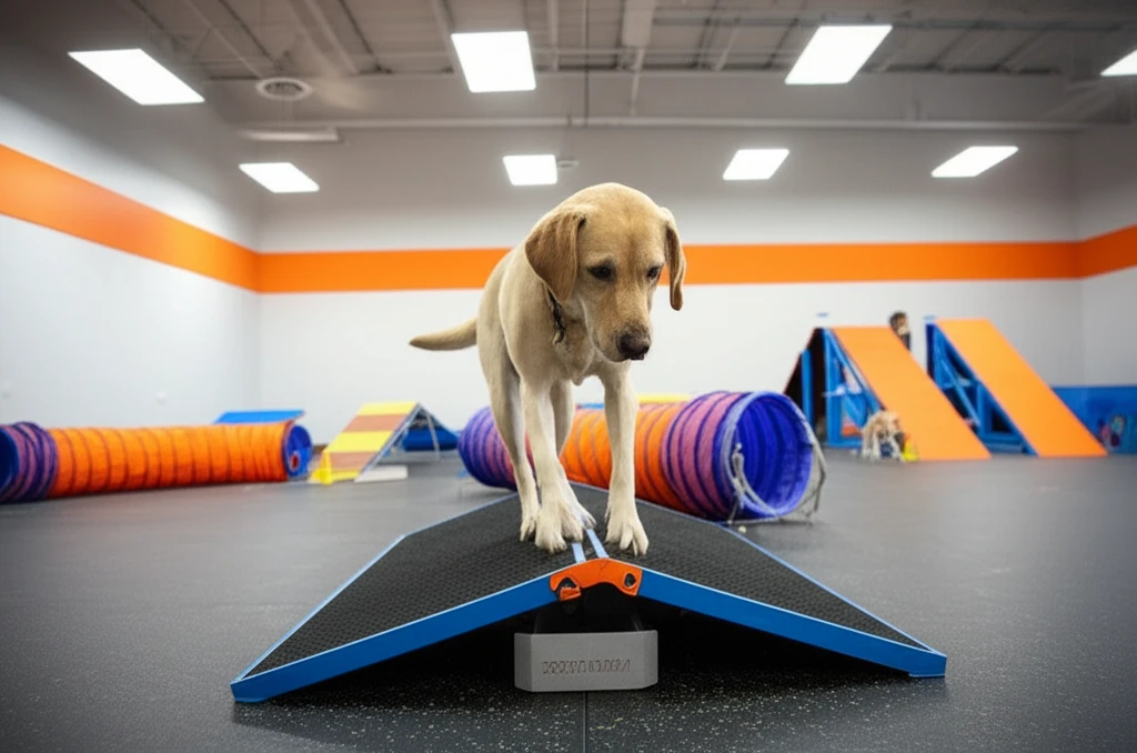 Dog practicing balance skills at Zoom Room training facility