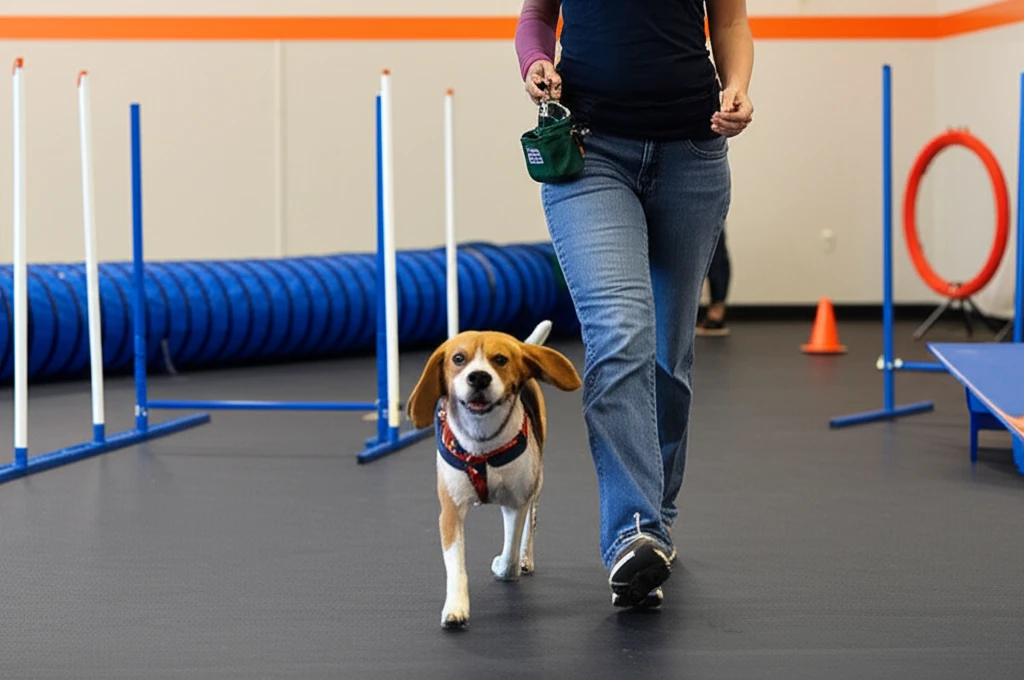 Beagle practicing recall at Zoom Room dog training gym