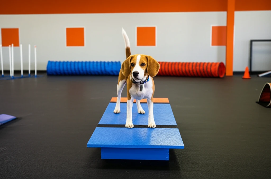 Beagle on agility pause table at Zoom Room
