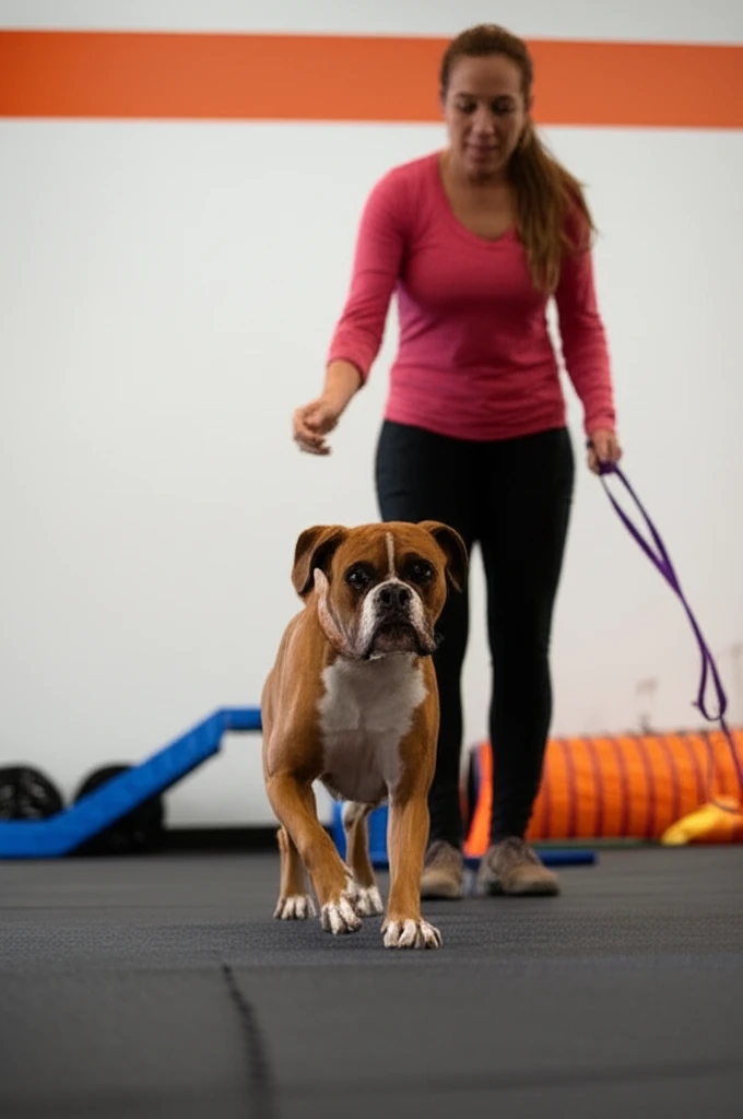 Boxer learning greeting manners at Zoom Room training class