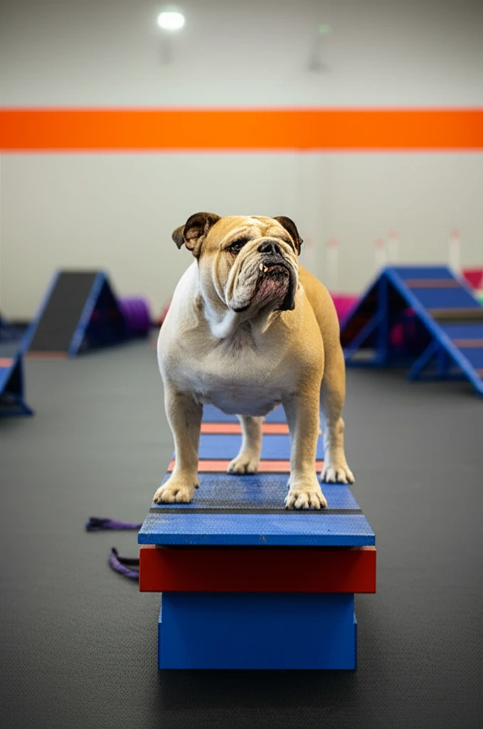 English Bulldog on agility pause table at Zoom Room