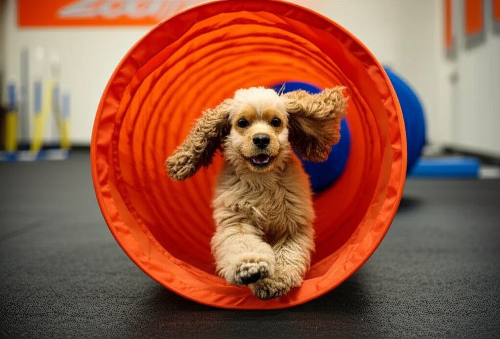 Cocker Spaniel running through agility tunnel at Zoom Room