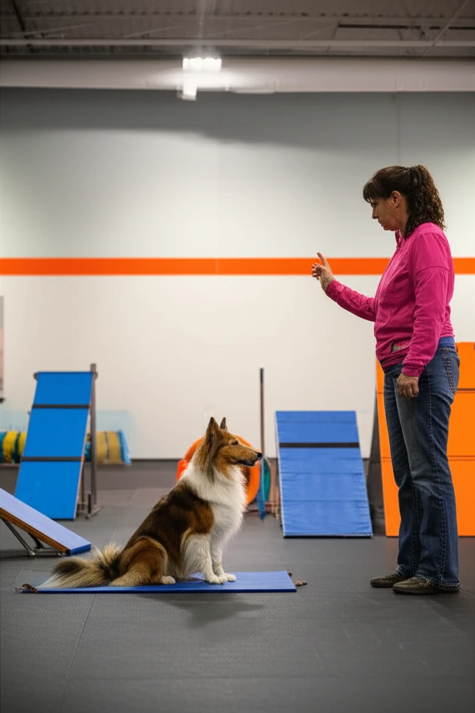 Collie practicing obedience on training mat at Zoom Room