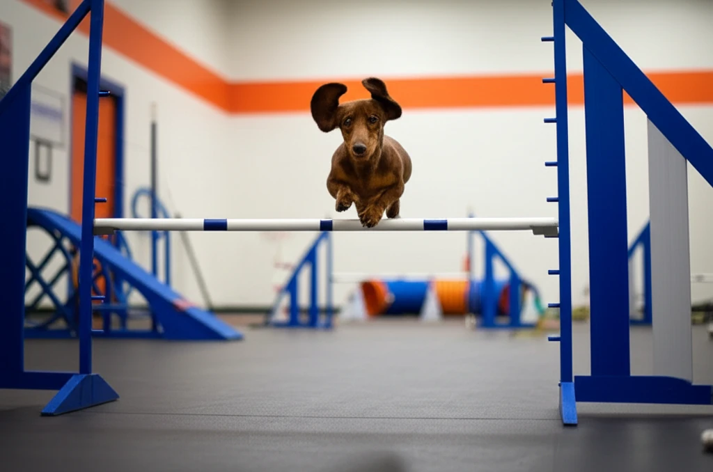 Dachshund jumping over agility bar at Zoom Room