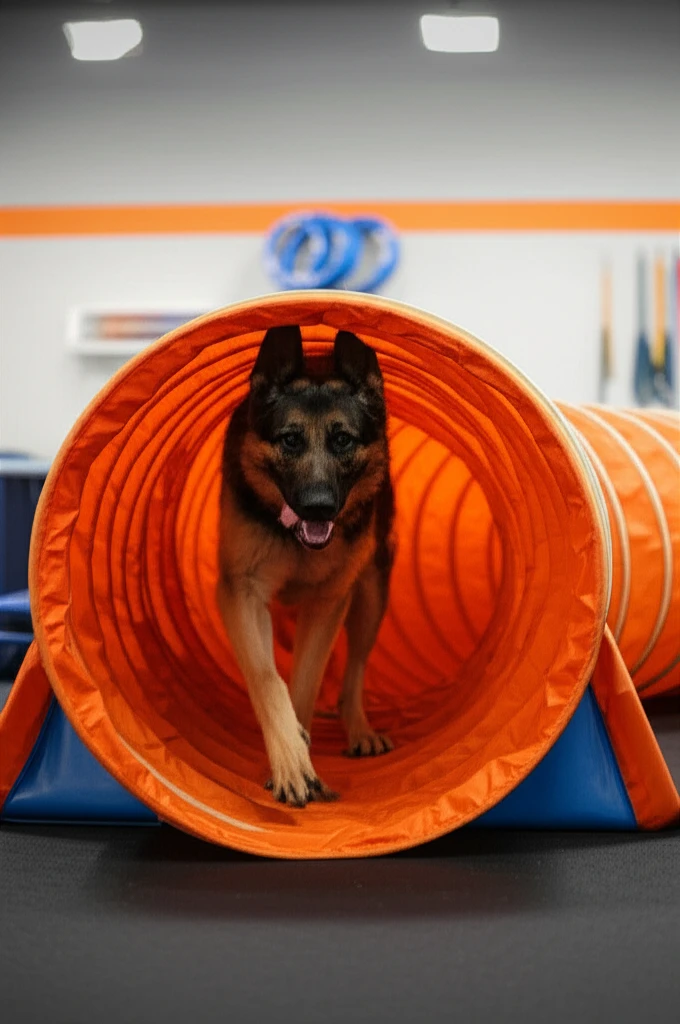 German Shepherd running through agility tunnel at Zoom Room