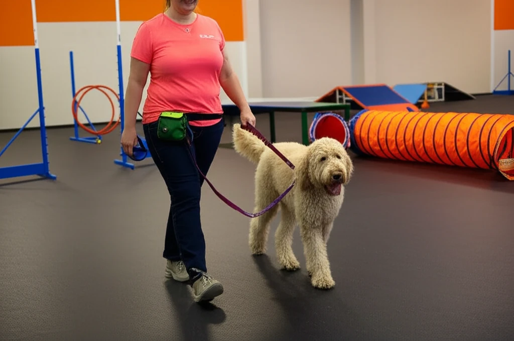 Goldendoodle practicing loose leash walking at Zoom Room