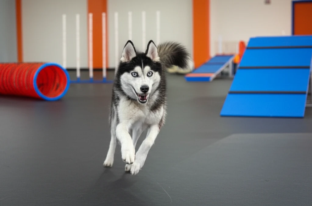 Siberian Husky practicing recall at Zoom Room gym