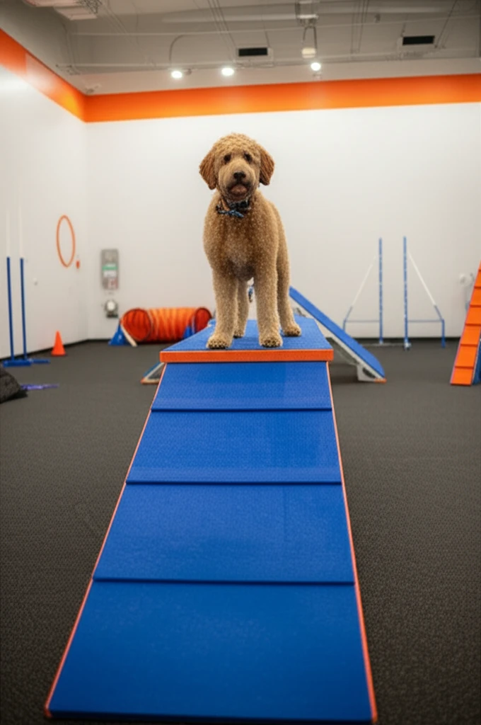 Labradoodle on agility pause table at Zoom Room