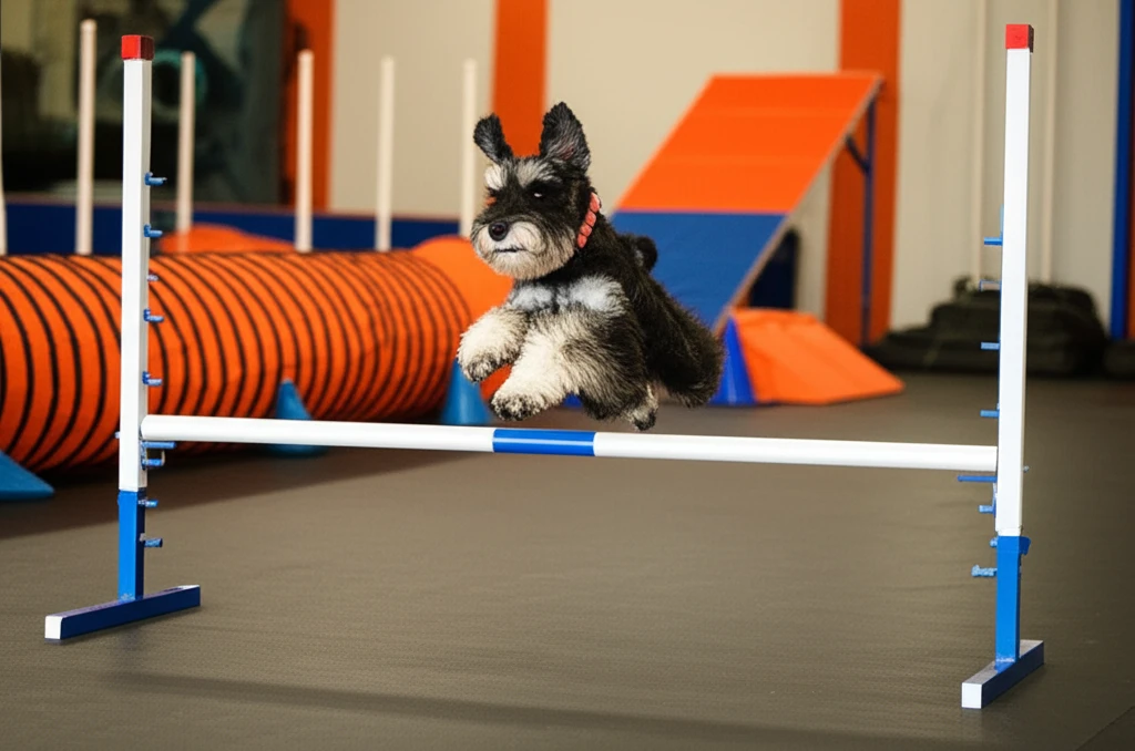 Miniature Schnauzer jumping over agility bar at Zoom Room