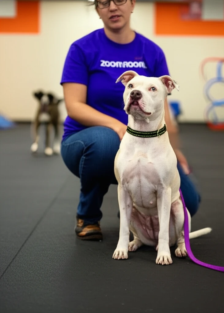 Pit Bull practicing calm focus around other dogs at Zoom Room
