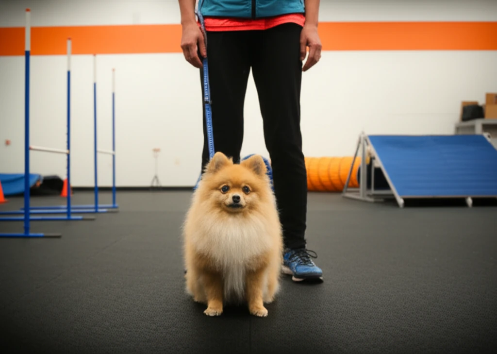 Pomeranian during obedience training at Zoom Room