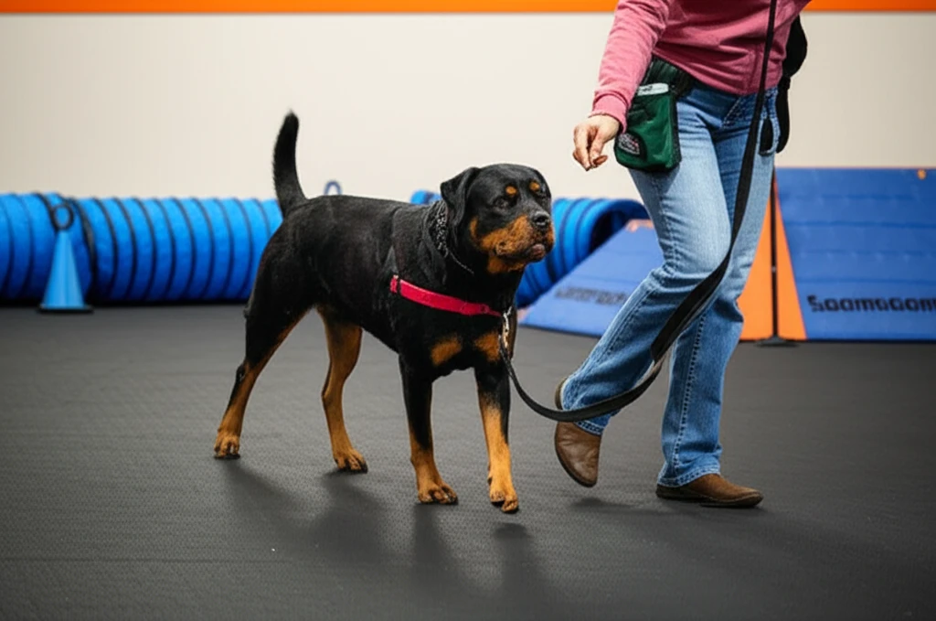 Rottweiler practicing calm leash behavior at Zoom Room