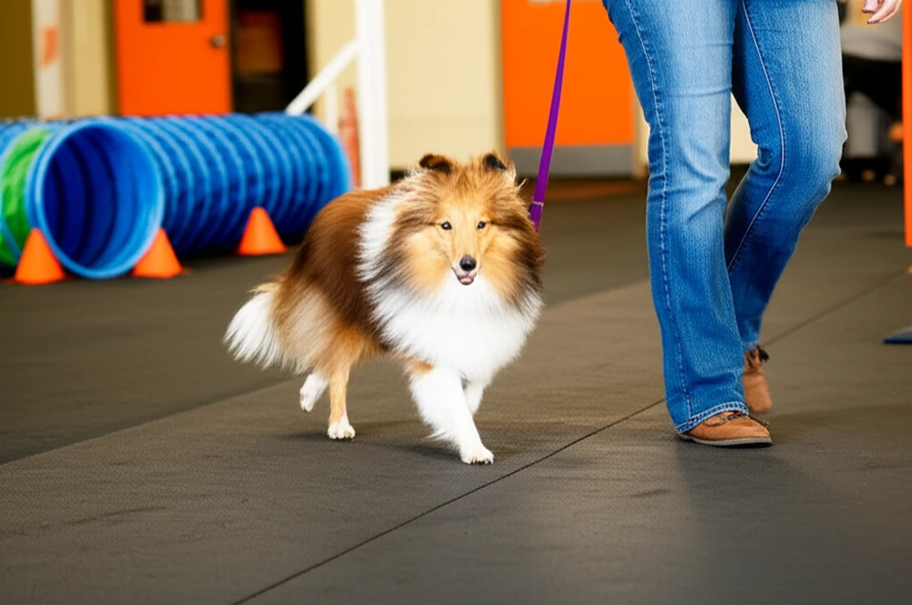 Shetland Sheepdog walking on loose leash with owner at Zoom Room