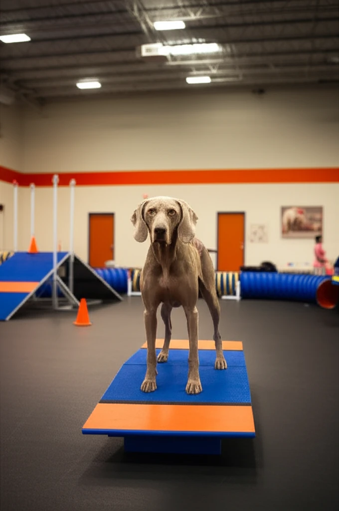 Weimaraner on agility pause table at Zoom Room