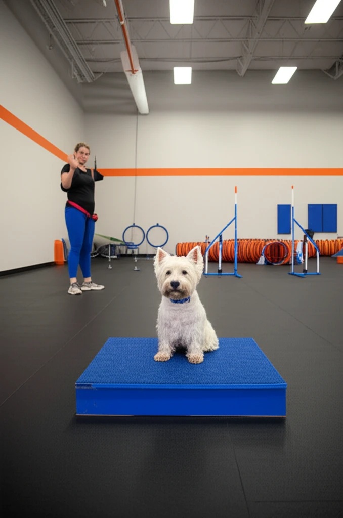 West Highland White Terrier practicing obedience on training mat at Zoom Room