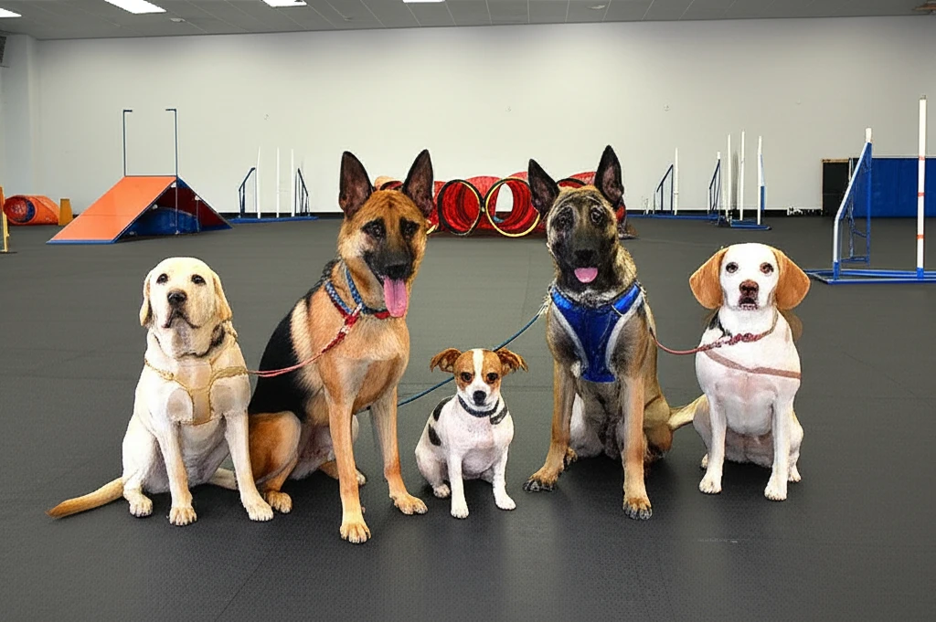 Variety of dog breeds at Zoom Room training facility