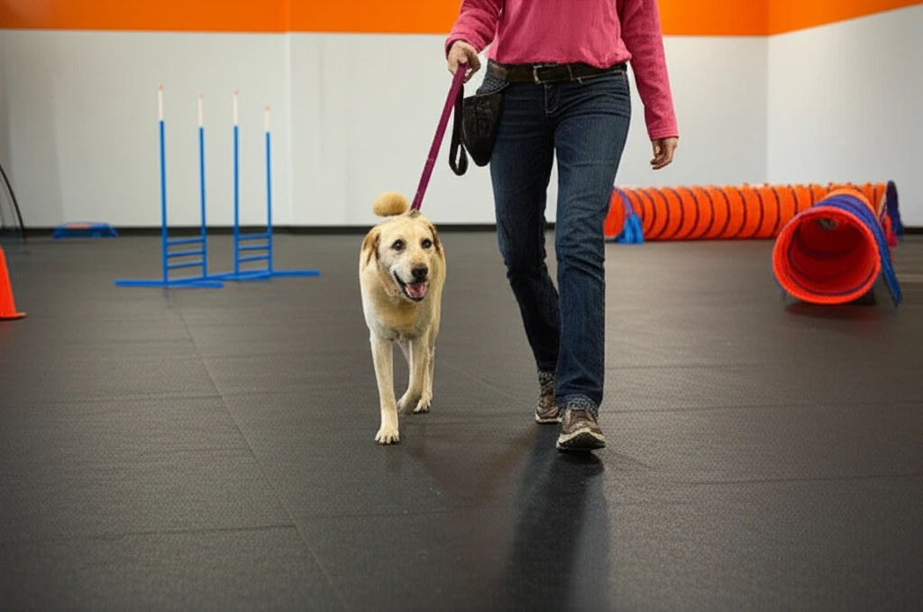 Dog walking with handler at Zoom Room