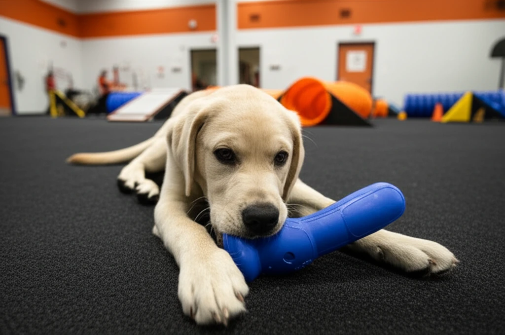Puppy with appropriate chew toy at Zoom Room training class