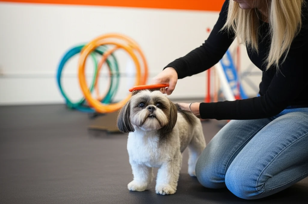 Dog being groomed during handling practice at Zoom Room