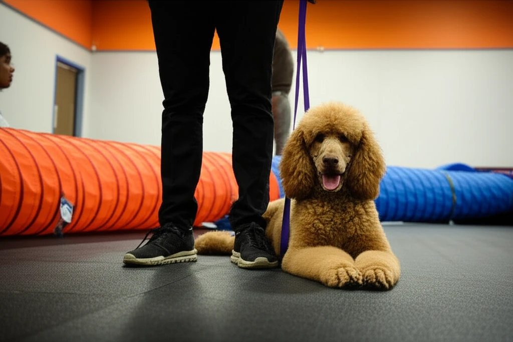 Dog practicing calm workplace behavior at Zoom Room