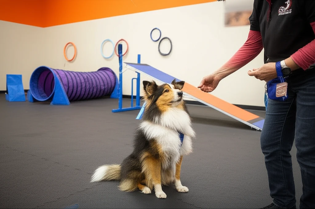 Dog learning quiet behavior at Zoom Room training class