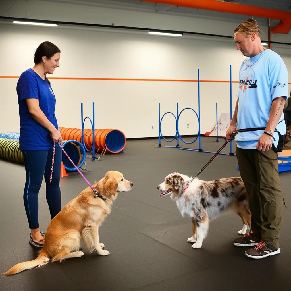 Two dogs being introduced during socialization at Zoom Room