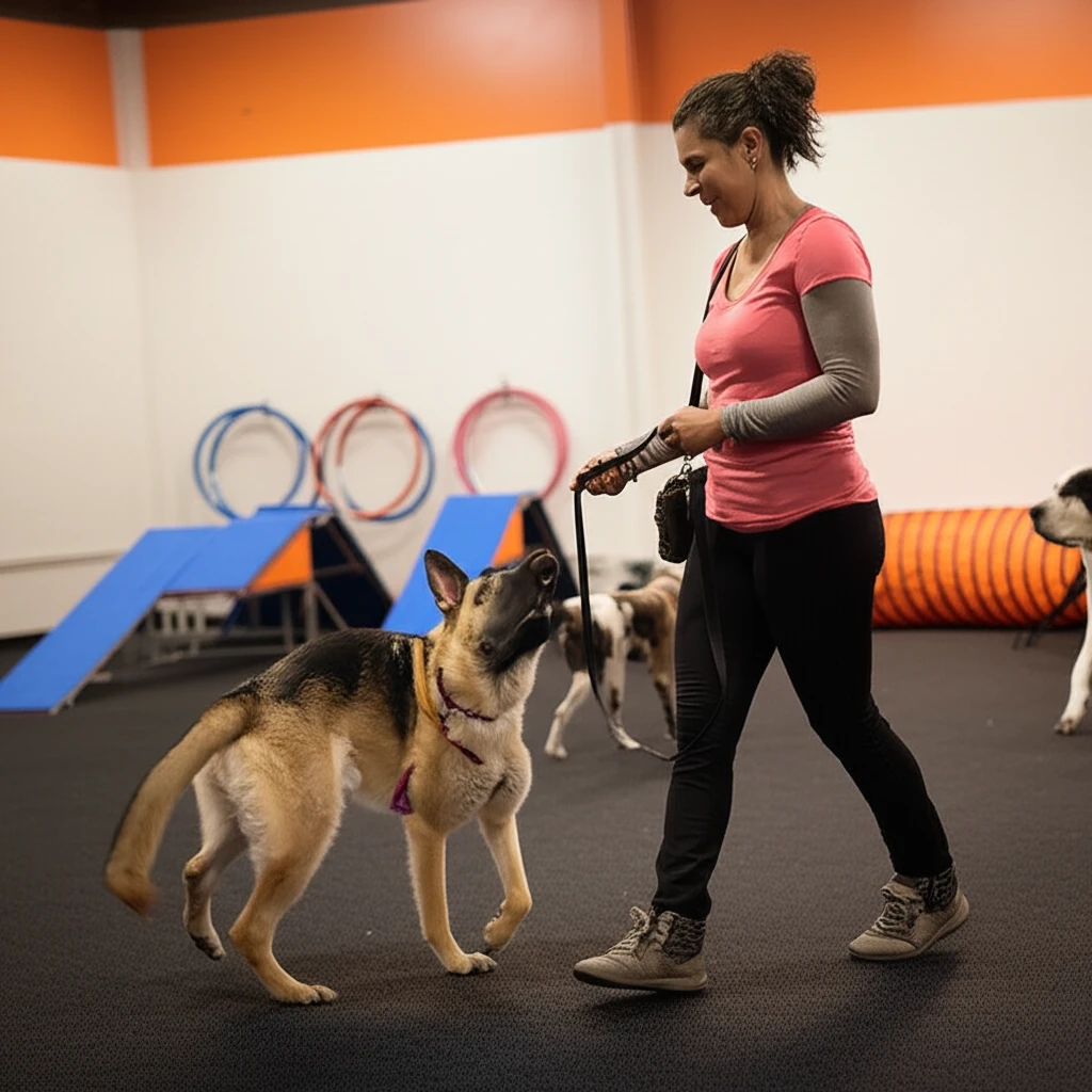 Dog practicing leash focus during reactivity class at Zoom Room