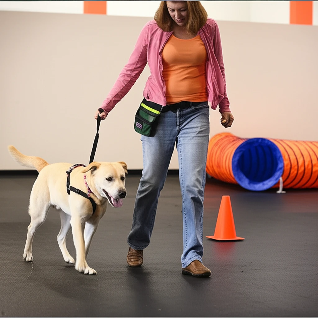 Dog walking on a loose leash with owner at Zoom Room