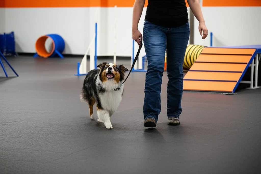Dog doing off-leash training at Zoom Room gym