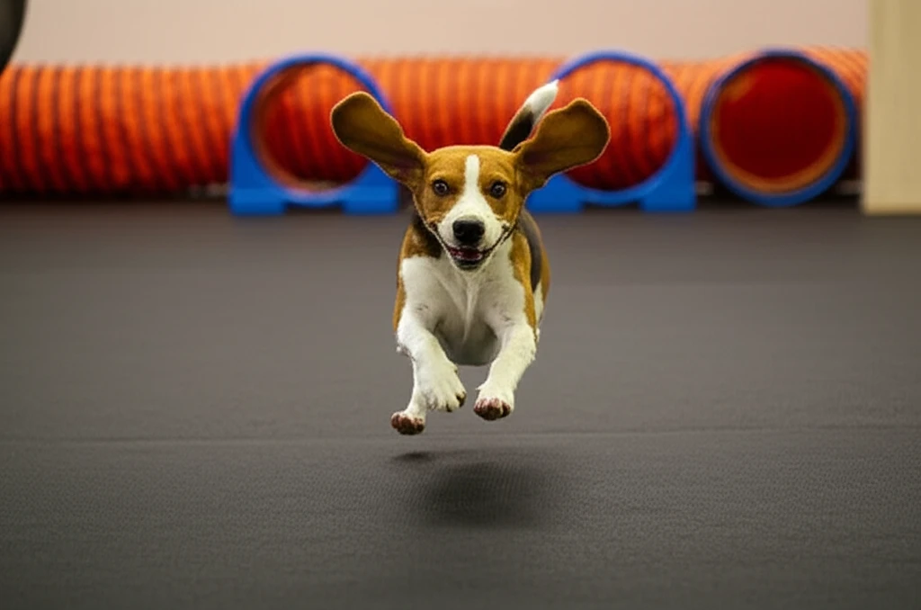 Dog practicing recall at Zoom Room training gym