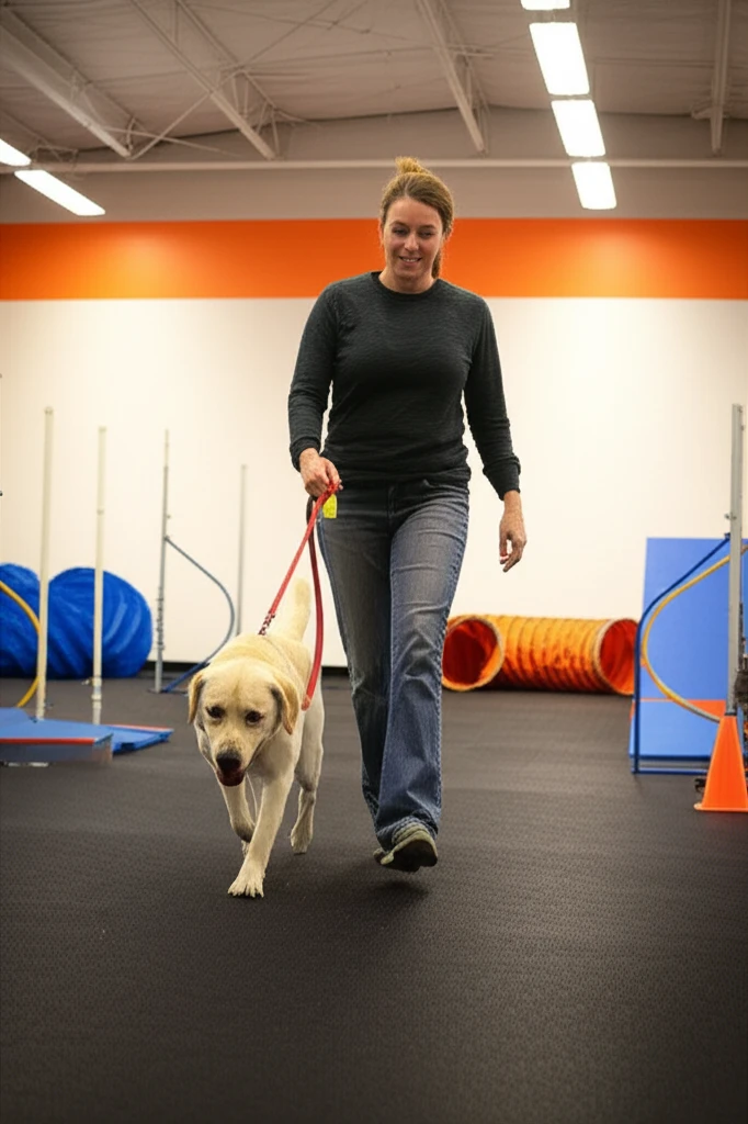 Dog practicing calm walking skills at Zoom Room