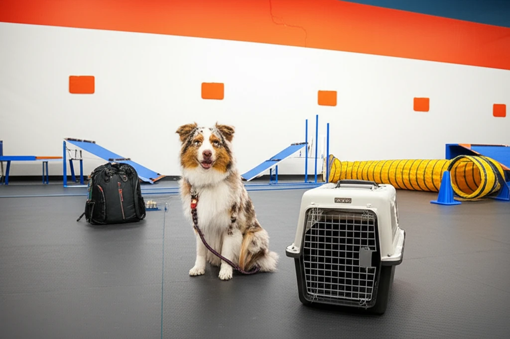 Dog comfortable with travel gear at Zoom Room